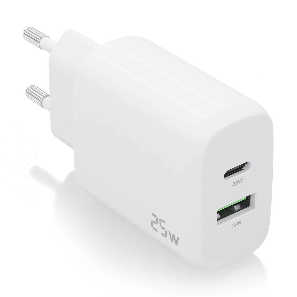 Aisens Cargador 25W - 1xUSB-C PD3.0 - 1xUSB-A QC3.0 - Color Blanco