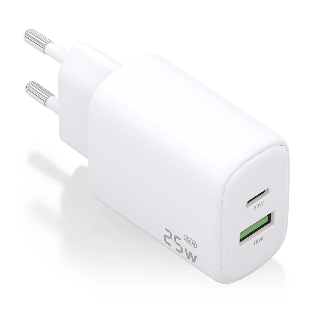 Aisens Cargador 25W - 1xUSB-C PD3.0 - 1xUSB-A QC3.0 - Color Blanco