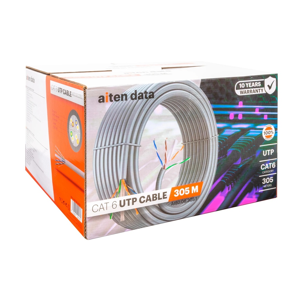 Aiten Data Cable de Red Latiguillo Cat.6 UTP AWG23 - Longitud 305m - Color Gris