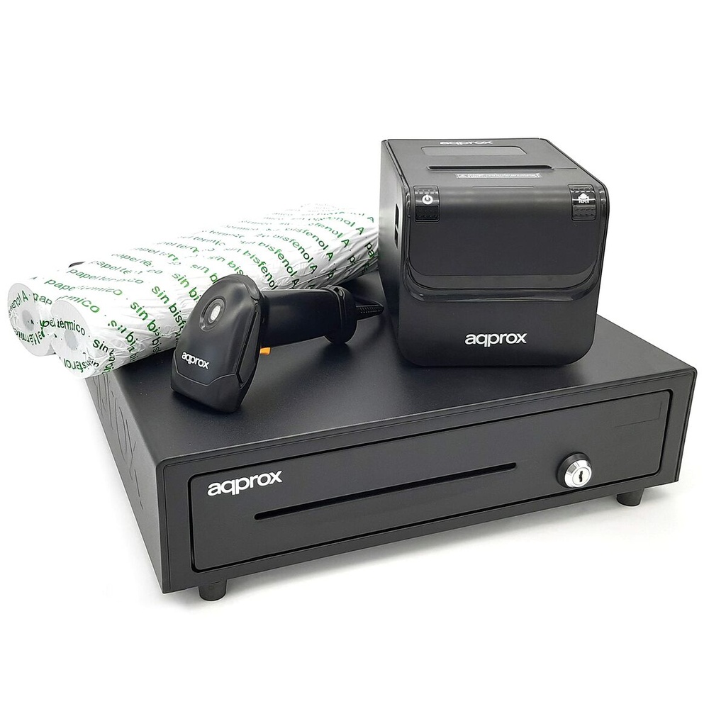 Approx Pack TPV Cajon Portamonedas + Impresora Termica + Lector de Codigos + Rollos - Color Negro