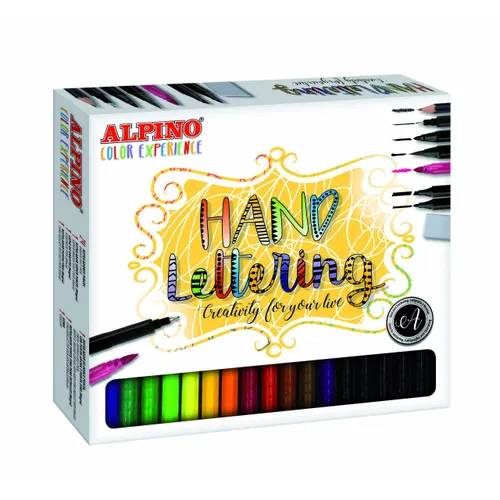 Alpino Color Experience Pack de 24 Rotuladores Hand Lettering + 1 Rotulador Punta Super Pincel, 1 Rotulador Punta Fina, 1 Rotulador Doble Punta, 1 Lapiz de Grafito y 1 Goma - Colores Surtidos