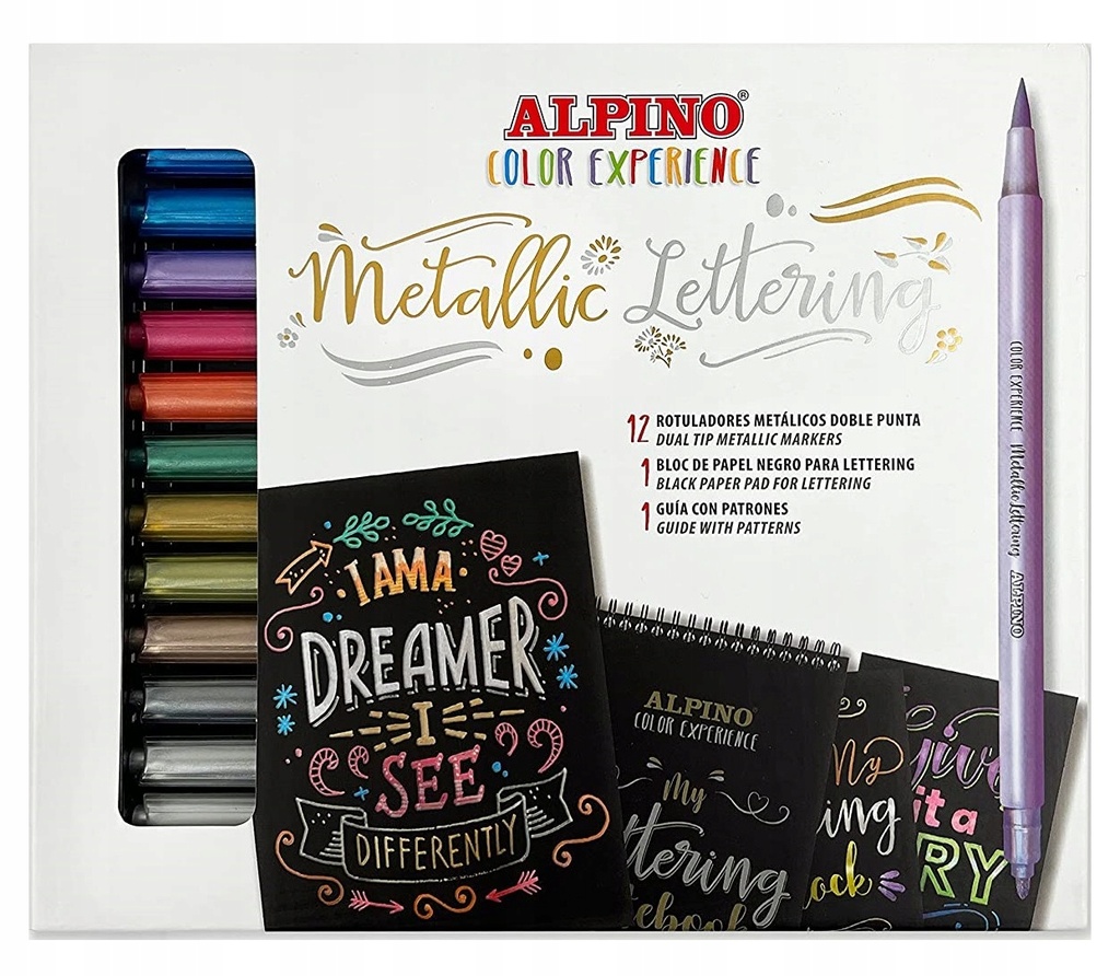Alpino Color Experience Kit de Iniciacion al Lettering con 12 Rotuladores Metalicos de Doble Punta, Punta Fina y Punta Pincel + 1 Bloc de Papel Negro Especial Lettering + 1 Guia con 20 Patrones - Colores Surtidos