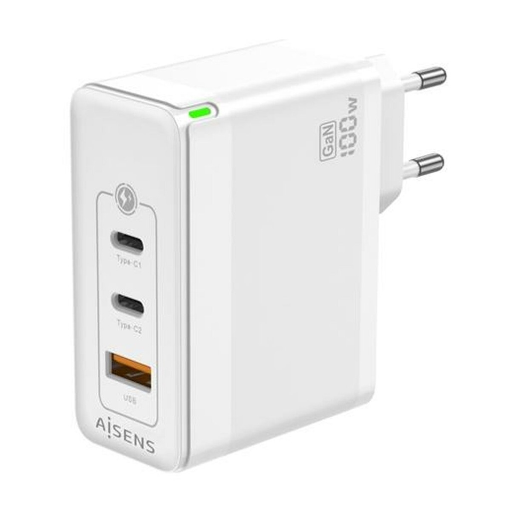 Aisens Cargador GAN 100W - 2xUSB-C PD3.0 QC4.0 QC5.0 - 1xUSB-A QC3.0 - Color Blanco