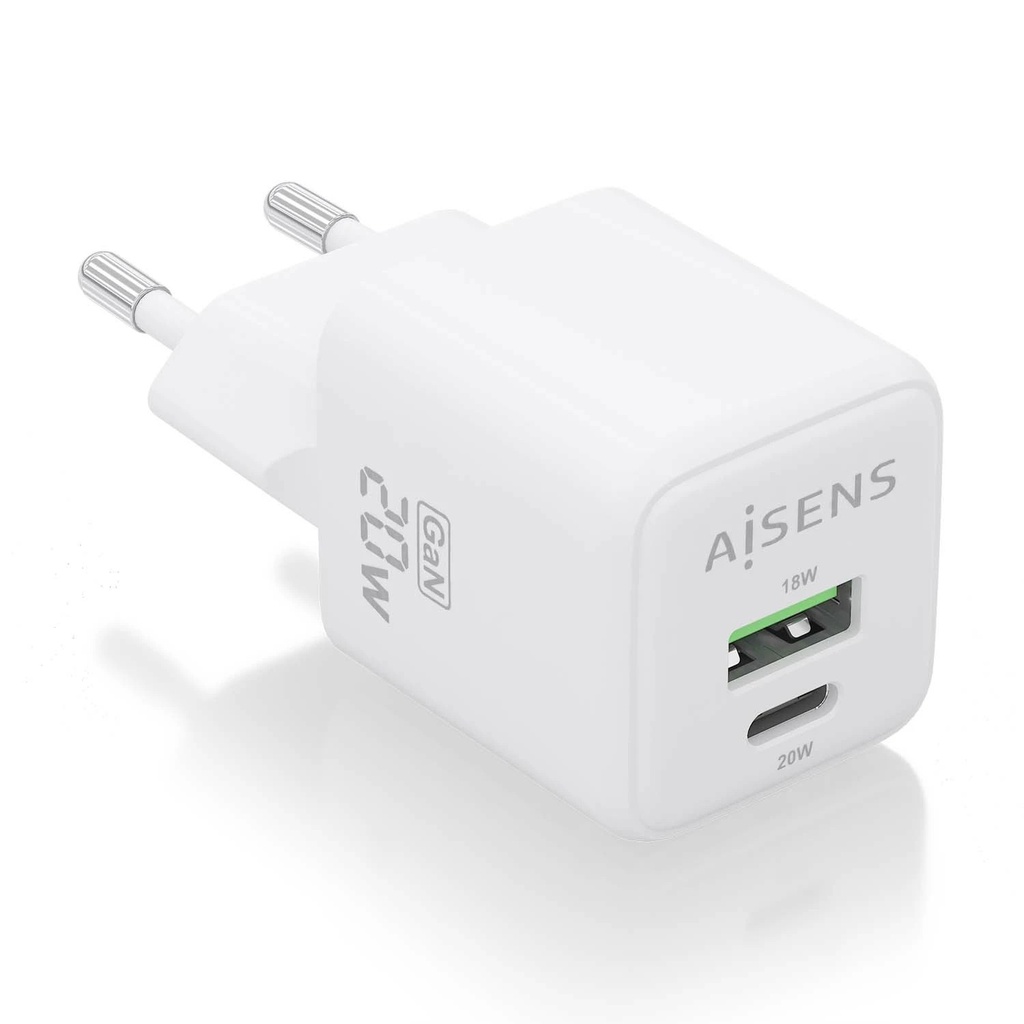 Aisens Cargador Gan 20W - 1xUSB-C PD3.0 QC4.0 - 1xUSB-A QC3.0 - Color Blanco