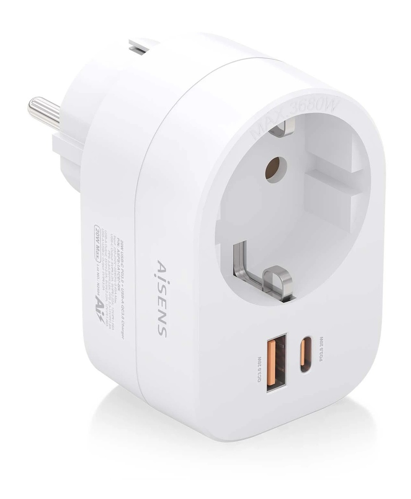 Aisens Regleta de Pared Multifuncion con 1 Toma + 1xUSB-C 20W PD3.0 - 1xUSB-A 20W QC3.0 - Color Blanco