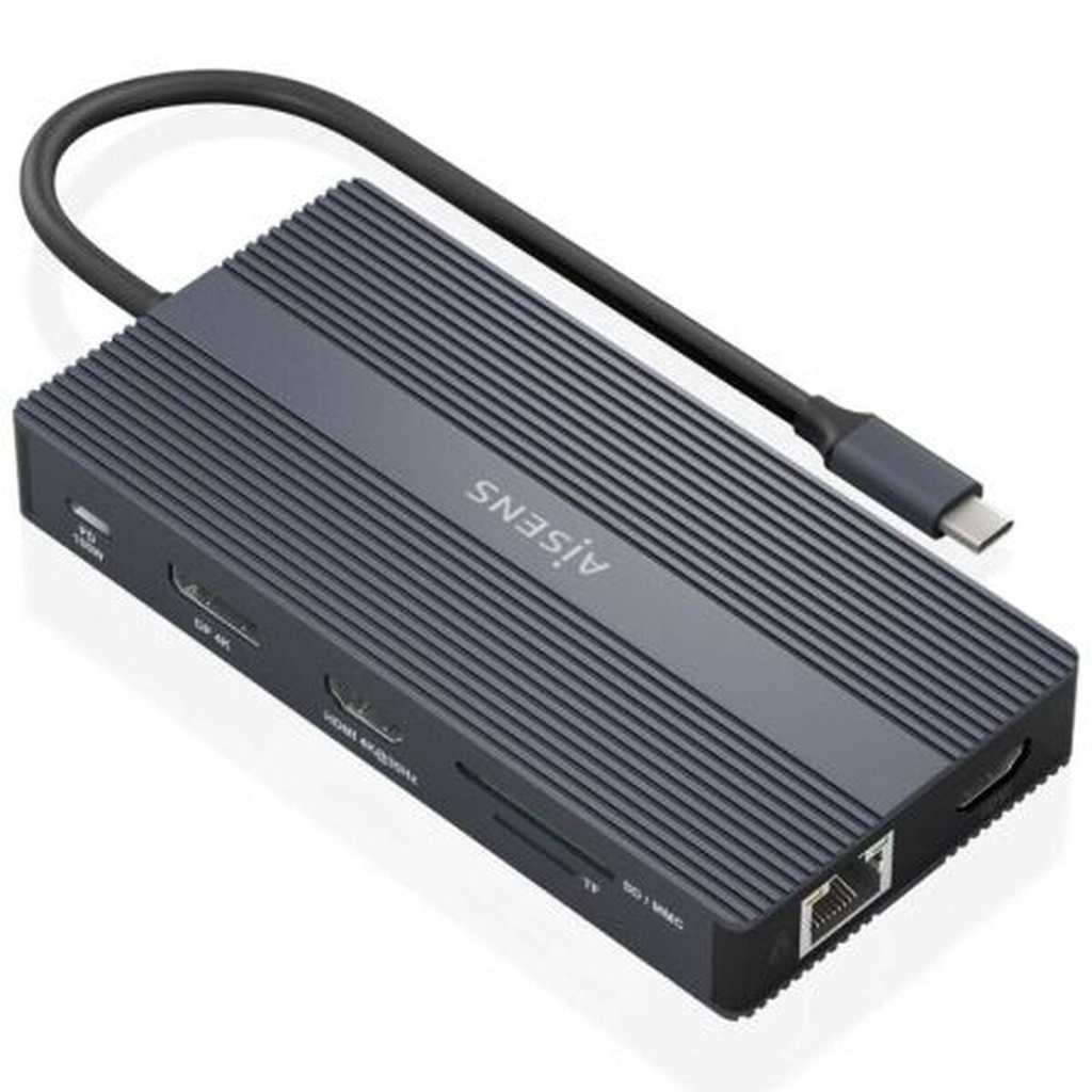 Aisens Conversor USB-C 12 en 1 - Carcasa de Aluminio - Ligero y Portatil - Conexion a 3 Pantallas - Power Delivery 100W - Ethernet RJ45 - Puertos USB-A y USB-C - Lectores de Tarjetas SD y Micro SD