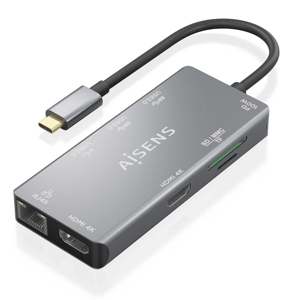 Aisens USB-C Dock 9 en 1 - USB-C a 2xHDMI - 1xRJ45 - 2xUSB-A USB3.0 - 1xUSB-A USB2.0 - 1xUSB-C PD - 1xSD - 1xMicro SD - 15cm - Color Gris