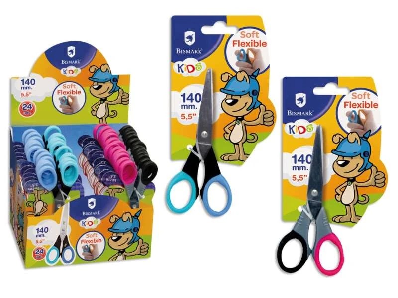 Bismark Kids Soft Flex Tijera Escolar 14cm - Hojas de Acero Inoxidable - Mangos Soft Flex - Punta Roma - 2 Diseños Surtidos