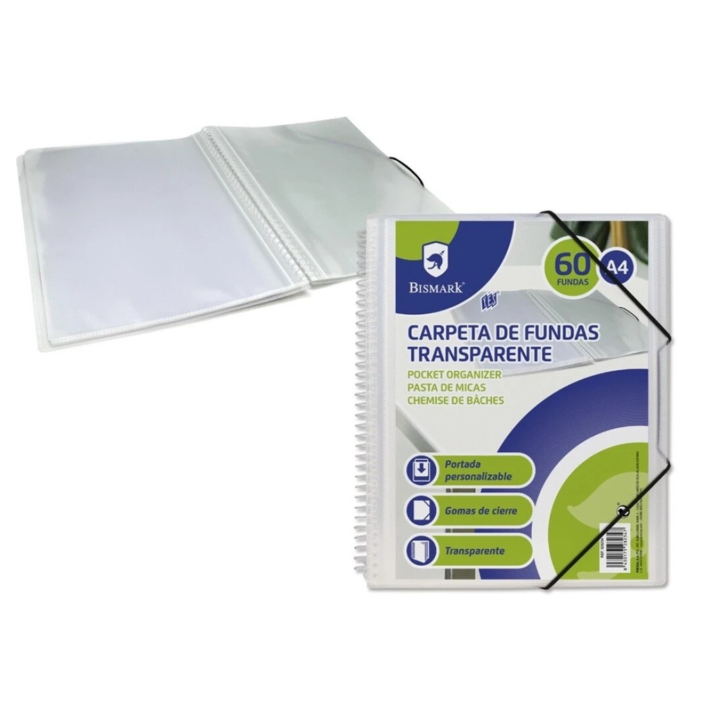 Bismark Carpeta Espiral con 60 Fundas Transparentes A4 - Polipropileno - Portada Personalizable - Espiral Plastica Indeformable - Apertura 360 Grados - Gomas de Cierre