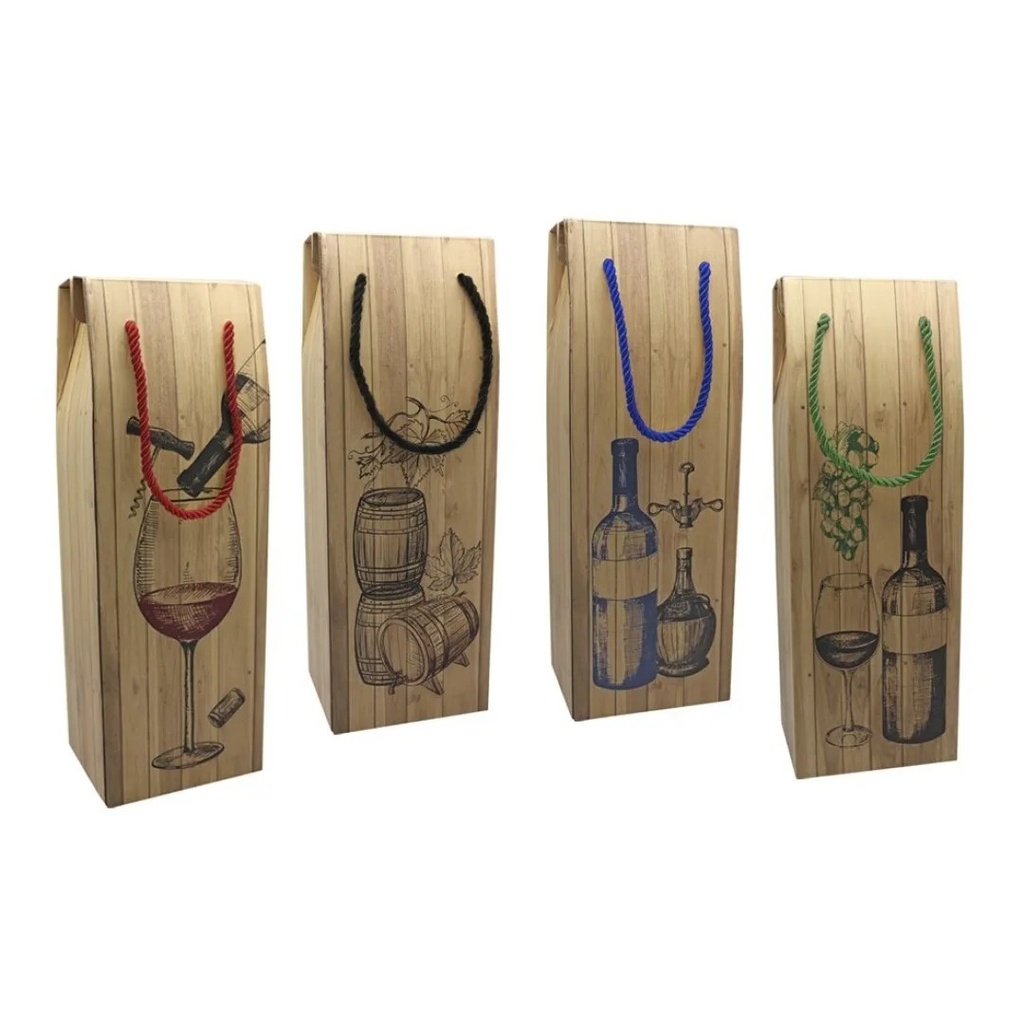 Bismark Caja/Bolsa de Carton con Asa para Botellas - Acabado Efecto Madera - Medidas 12,5x10x36cm - 4 Diseños Surtidos
