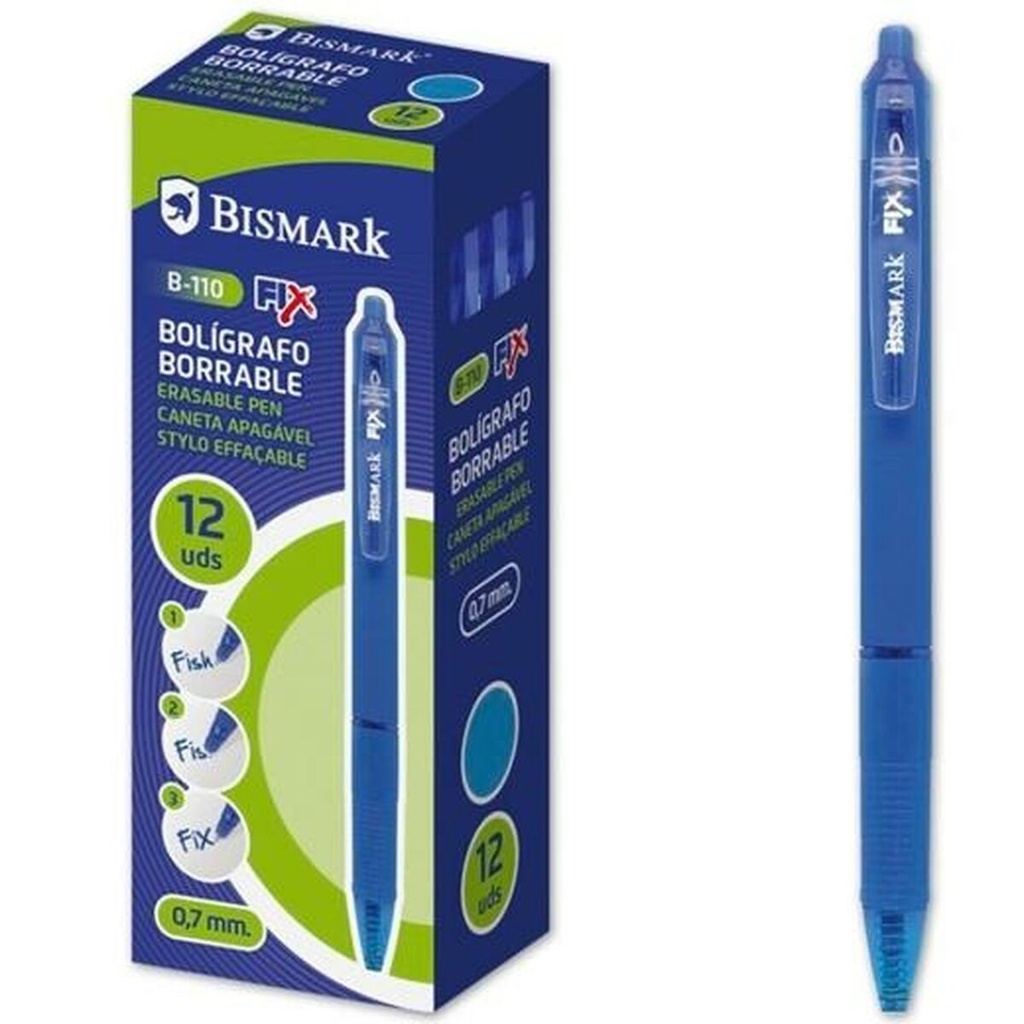 Bismark Boligrafo Borrable con Clip - Punta de 0.7 mm - Grip de Goma - Color Azul