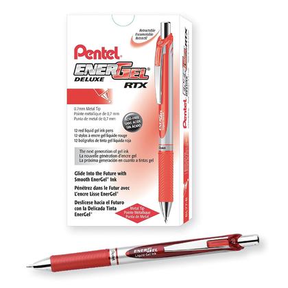 Pentel Energel Boligrafo de Bola Retractil Tinta Gel - Punta 0.7mm - Trazo 0.35mm - Recargable - Grip de Agarre - Clip de Metal - 54% de Materiales Reciclados - Color Rojo