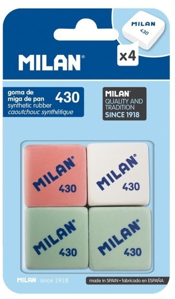 Milan 430 Pack de 4 Gomas de Borrar Cuadradas - Miga de Pan - Suave Caucho Sintetico - Colores Surtidos