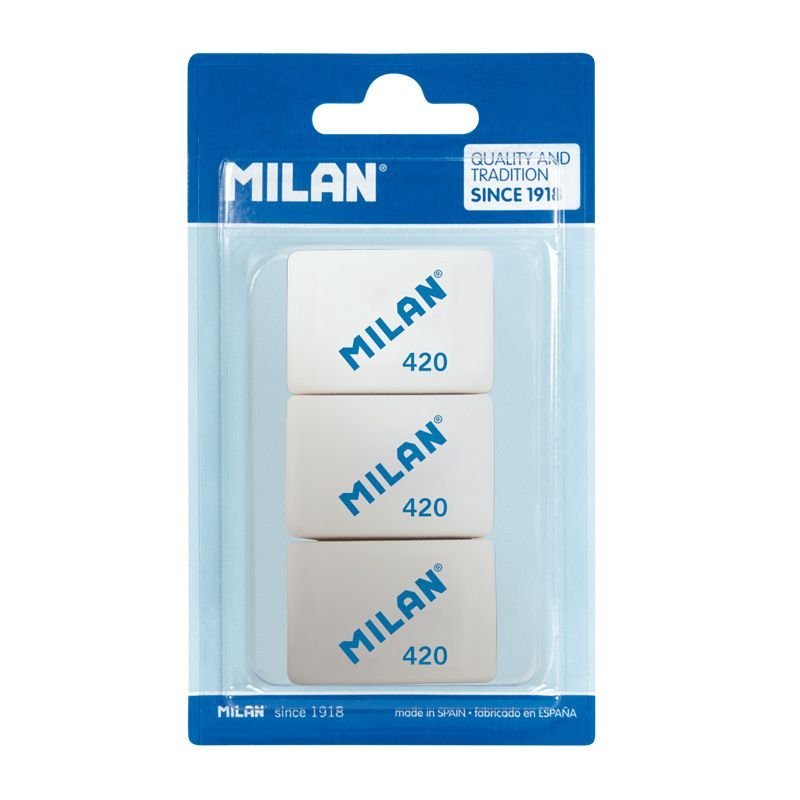 Milan 420 Pack de 3 Gomas de Borrar Rectangulares - Miga de Pan - Caucho Suave Sintetico - Colores Surtidos