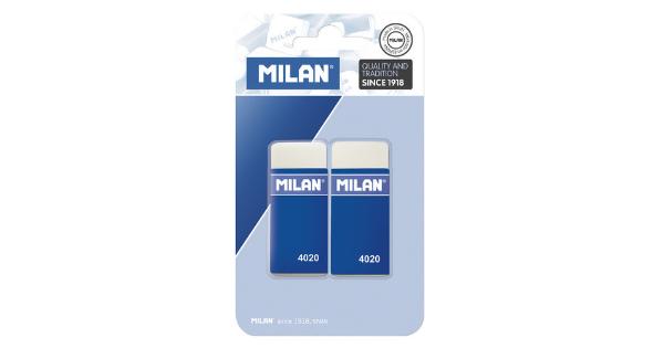 Milan 4020 Pack de 2 Gomas de Borrar Rectangulares - Miga de Pan - Suave Caucho Sintetico - Faja de Carton Azul - Color Blanco