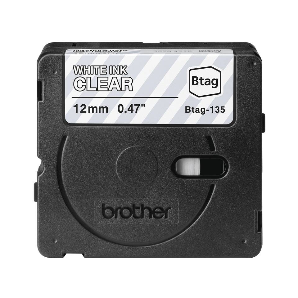 Brother Btag-135 Cinta 12mm - Texto Blanco sobre Fondo Transparente - Medidas 12mmx4 Metros - Apta para PTN10, PTN20, PTN25BT