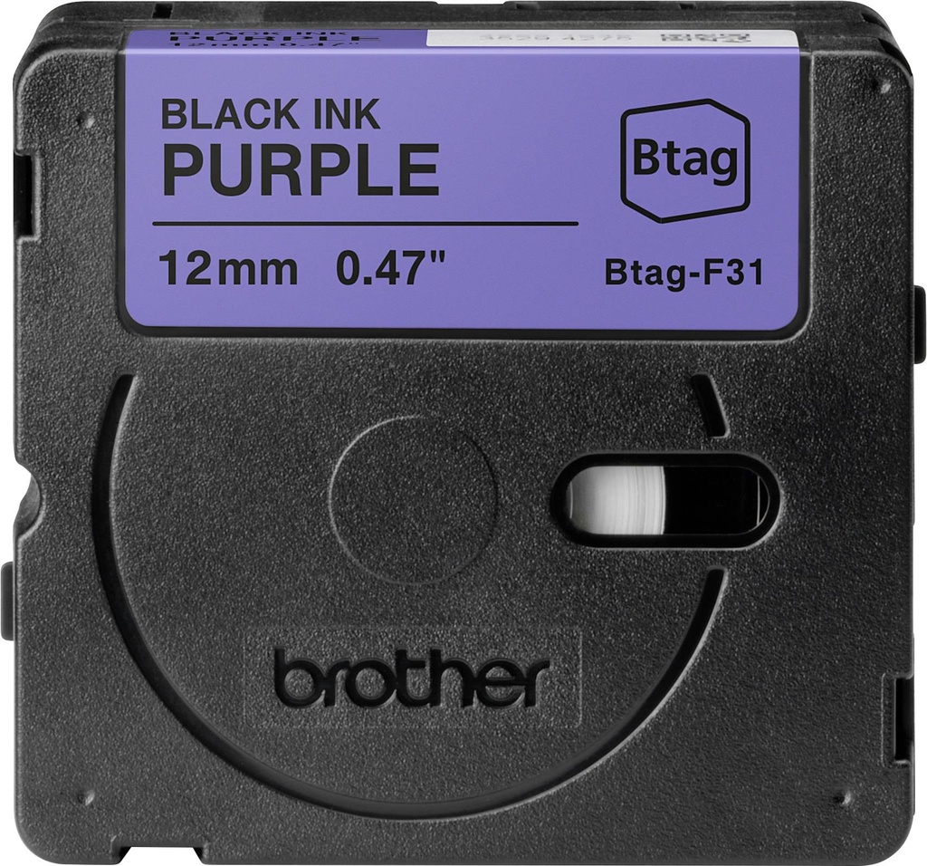 Brother Btag-F31 Cinta 12mm - Texto Negro sobre Fondo Morado - Medidas 12mmx4 Metros - Apta para PTN10, PTN20, PTN25BT