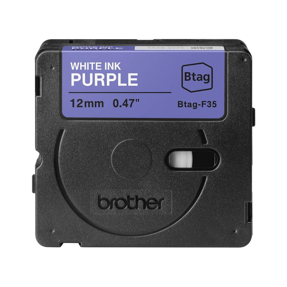 Brother Btag-F35 Cinta 12mm - Texto Blanco sobre Fondo Morado - Medidas 12mmx4 Metros - Apta para PTN10, PTN20, PTN25BT