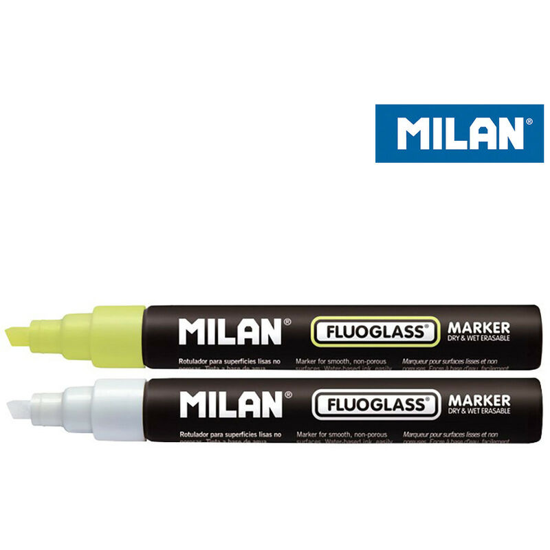 Milan Fluoglass Pack de 2 Rotuladores para Superficies Lisas - Punta Biselada - Trazo de 2 a 4mm - Tinta al Agua - Borrado Facil - Colores Surtidos