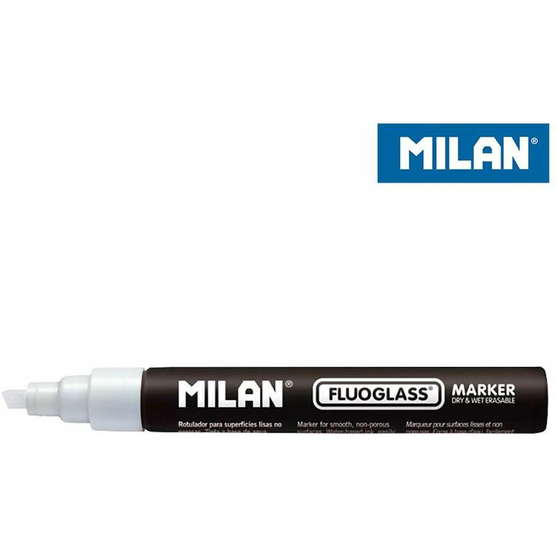 Milan Fluoglass Rotulador para Superficies Lisas  - Punta Biselada - Trazo de 2 a 4mm - Tinta al Agua - Borrado Facil - Color Blanco