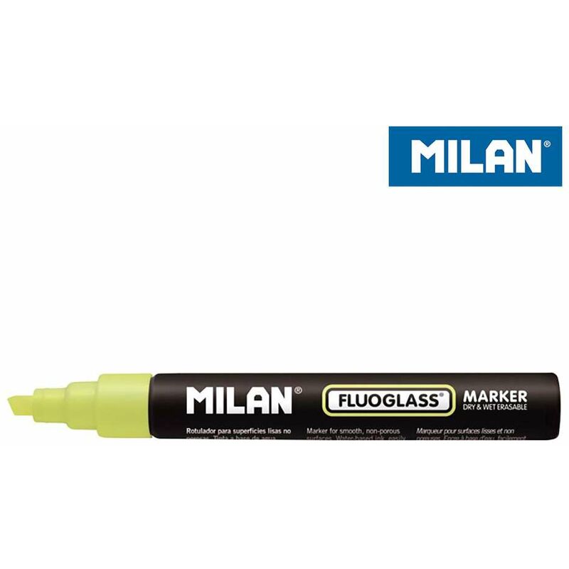 Milan Fluoglass Rotulador para Superficies Lisas - Punta Biselada - Trazo de 2 a 4mm - Tinta al Agua - Borrado Facil - Color Amarillo