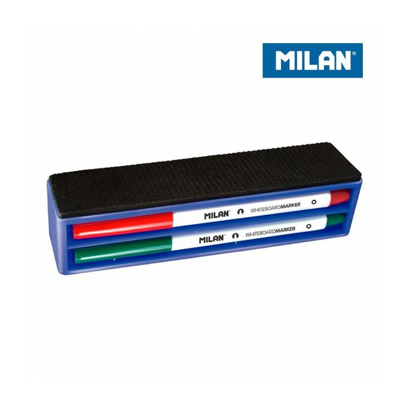 Milan Pack de Borrador Magnetico + 4 Rotuladores para Pizarra Blanca - Punta Redonda 3.7 mm - Borrables en Seco - Tinta a Base de Alcohol