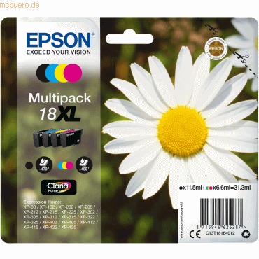 Epson T1816 (18XL) Pack de 4 Cartuchos de Tinta Originales - C13T18164012