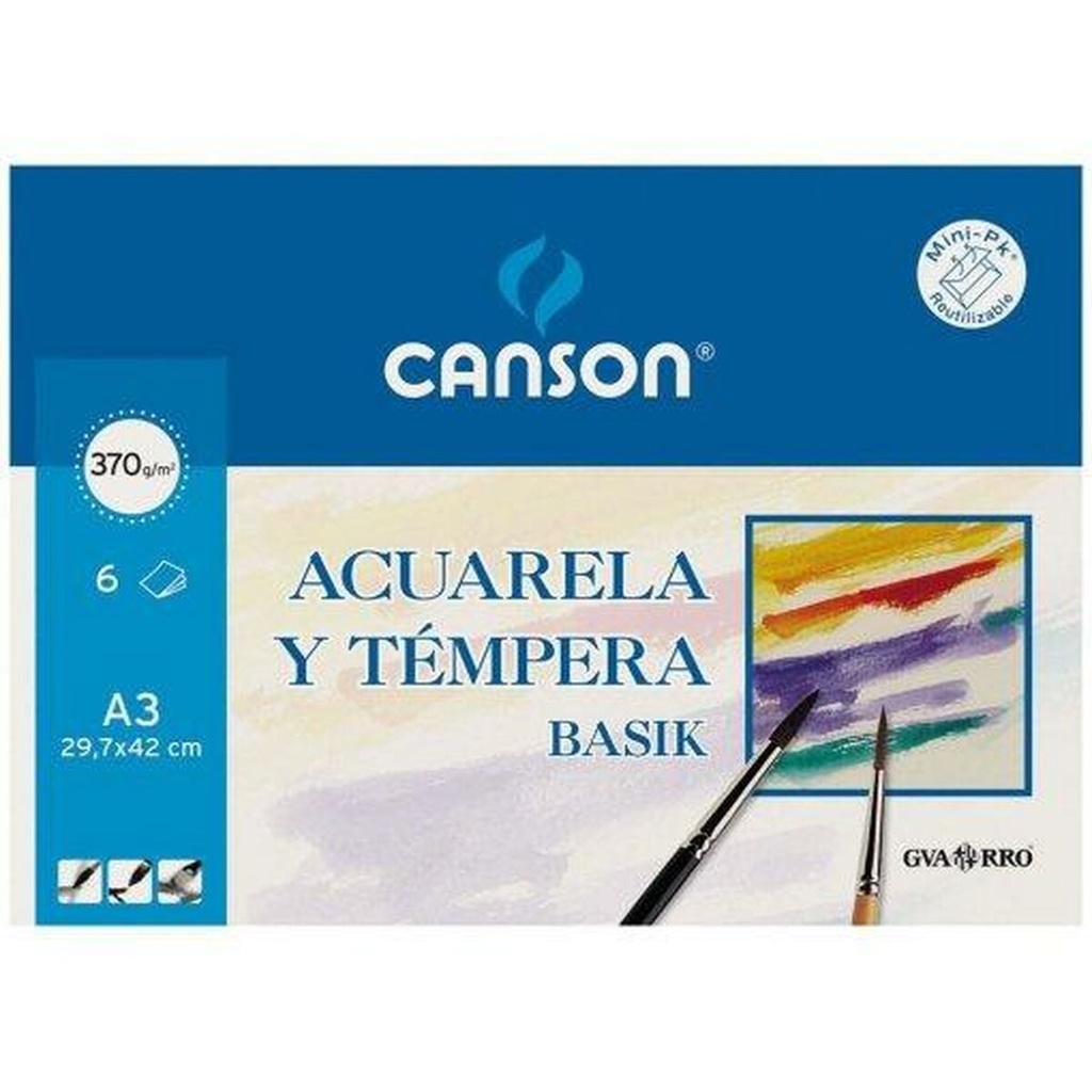 Canson Acuarela Basik Minipack de 6 Hojas A3 - 29.7x42cm - 370g - Color Blanco
