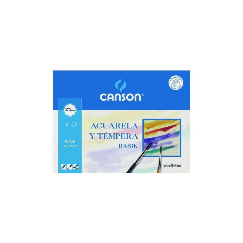 Canson Acuarela Basik Minipack de 6 Hojas A4+ 370gr - Muy Bien Encolado - De grano Ligero - Color Blanco