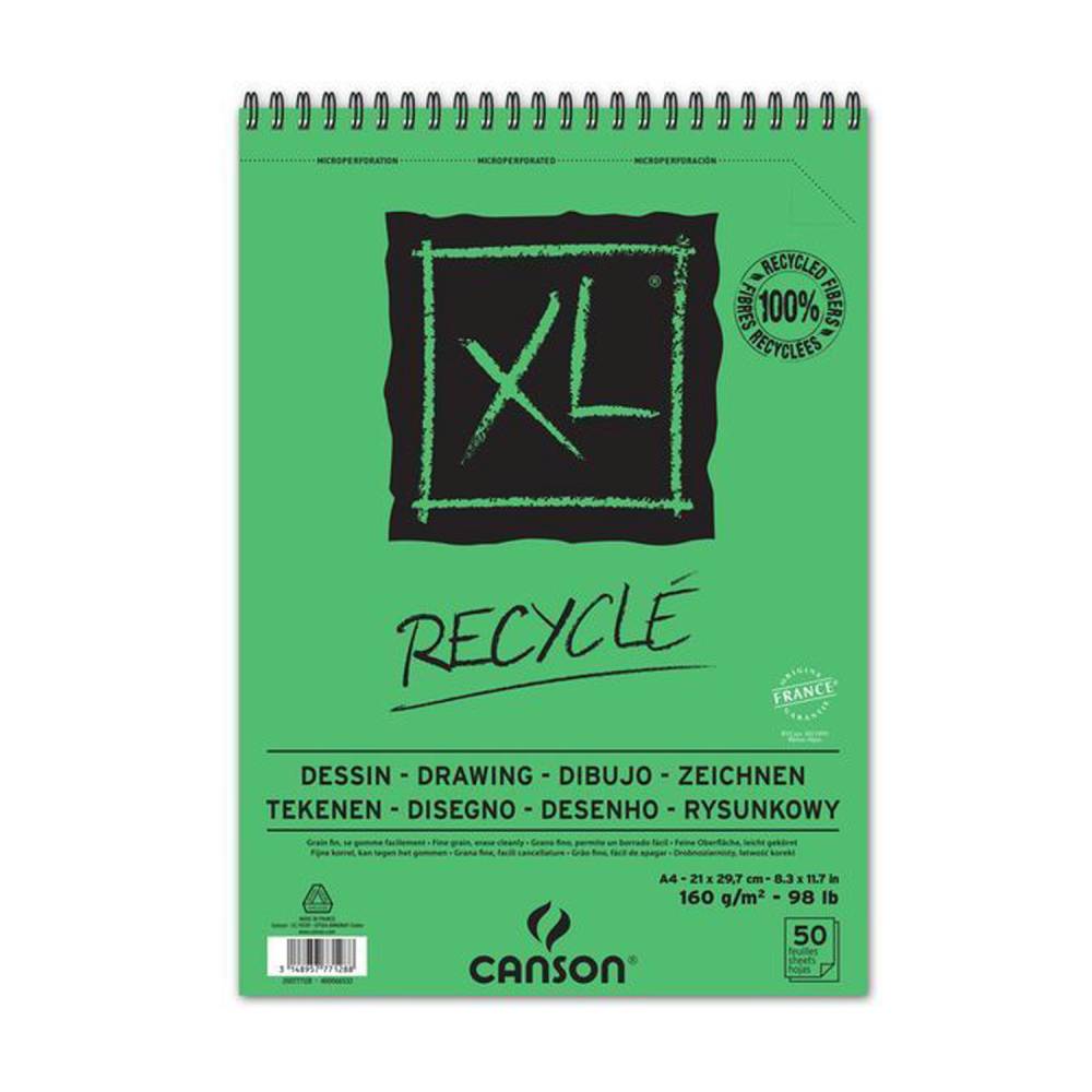 Canson XL Recycled Bloc de Dibujo con 50 Hojas A4 - Espiral Microperforado - Grano Fino - 160g - Color Blanco