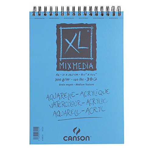 Canson Xl Mix Media Bloc de Dibujo Acuarela de 30 Hojas A4 - Grano Medio - Microperforado Espiral - 21x29.7cm - 300g - Color Blanco