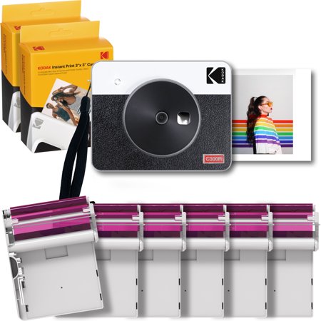 Kodak Mini Shot 3 Retro Pack de Camara Digital Instantanea Bluetooth + 60 Hojas de Papel Fotografico 7.62x7.62cm - Pantalla LCD 1.7" - Flash Integrado - Espejo para Selfies - Color Blanco/Negro