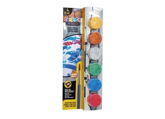 Carioca Metallic Pack de 6 Temperas en Botes de 25ml + Pincel - Superlavables - Mezclables - Colores Metallic Surtidos