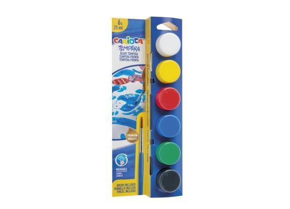 Carioca Pack de 6 Temperas en Botes de 25ml + Pincel - Superlavables - Mezclables - Colores Surtidos