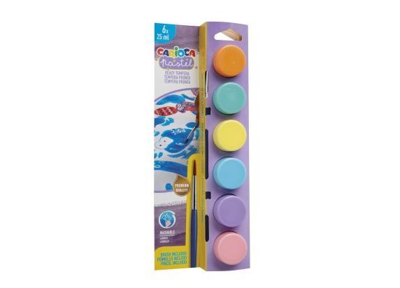 Carioca Pastel Pack de 6 Temperas en Botes de 25ml + Pincel - Superlavables - Mezclables - Colores Pastel Surtidos