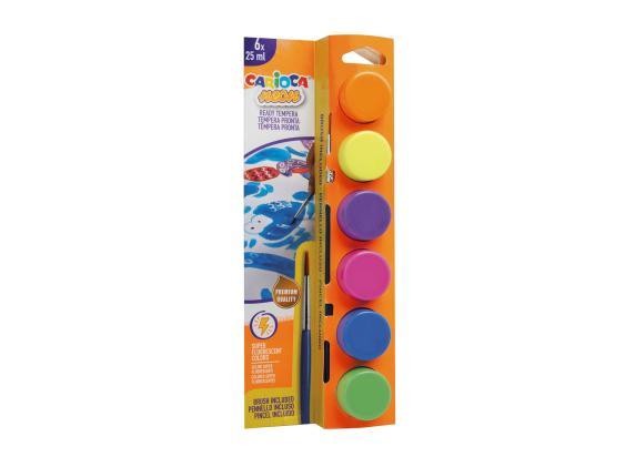 Carioca Neon Pack de 6 Temperas en Botes de 25ml + Pincel - Superlavables - Mezclables - Colores Neon Surtidos