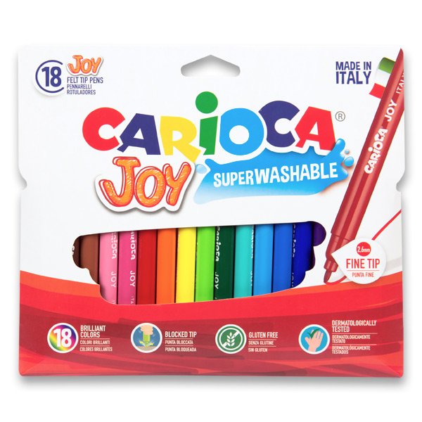 Carioca Joy Pack de 18 Rotuladores - Tinta Superlavable - Punta Fina 2.8mm - Bloqueada - Tapa Ventilada - Color Varios