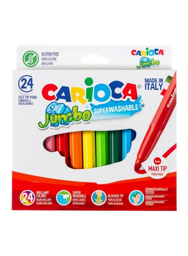 Carioca Jumbo Pack de 24 Rotuladores - Cuerpo Octogonal Maxi - Tinta Superlavable - Punta Maxi 6mm Bloqueada - Tapa Ventilada - Color Varios