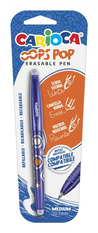 Carioca Oops Pop Boligrafo Borrable - Termo Sensible - Empuñadura Texturizada - Punta de 0.7mm - Doble Goma - Recambios Compatibles - Color Azul
