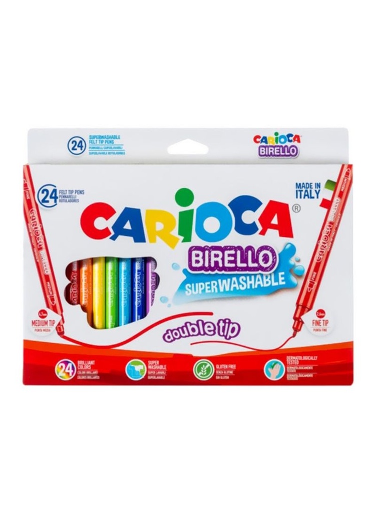 Carioca Birello Pack de 24 Rotuladores - Doble Punta Fina y Media - Tinta Superlavable No Toxica - Lavable de la Piel y Tejidos con Agua y sin Jabon - Color Varios