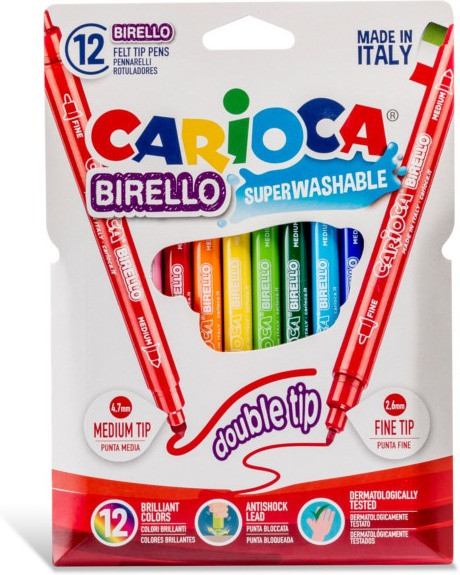 Carioca Birello Pack de 12 Rotuladores - Doble Punta Fina y Media - Tinta Superlavable No Toxica - Lavable de la Piel y Tejidos con Agua y sin Jabon - Color Varios