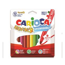 Carioca Bravo Pack de 12 Rotuladores - Cuerpo Octogonal Maxi - Tinta Superlavable - Punta Maxi 6mm Bloqueada - Tapa Ventilada - Colores surtidos