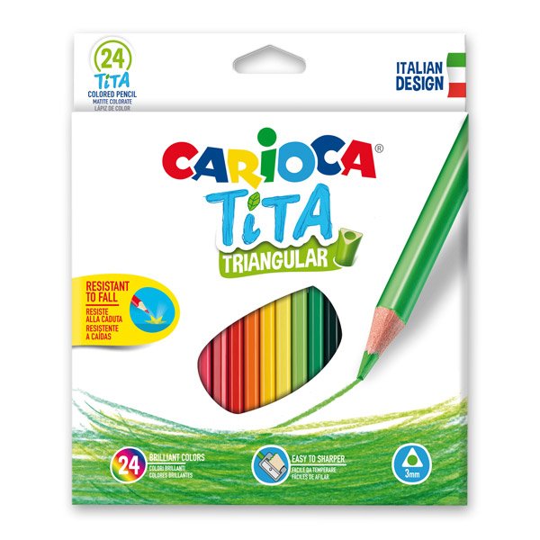 Carioca Tita Pack de 24 Lapices Triangulares - Cuerpo Triangular - Colores Brillantes y Lavables - Escritura Blanda - Mina Ø 3mm Segura y Resistente - No Se Astilla si Se Rompe - Color Varios