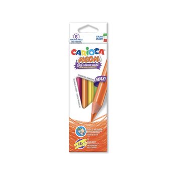Carioca Pack de 6 Lapices Triangulares Maxi Neon - Colores Fluorescentes - Escritura Blanda - Aptos para Subrayar y Resaltar - Facil Agarre y Sacar Punta - Mina de Ø 5mm - Color Varios