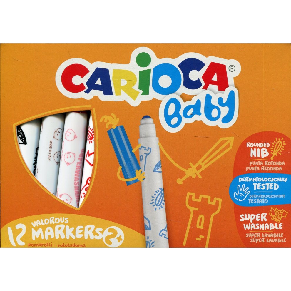 Carioca Baby Marker Pack de 12 Rotuladores - Punta Redonda y Bloqueada - Cuerpo de Gran Dimension - Superlavables - Dermatologicamente Testados - Color Varios
