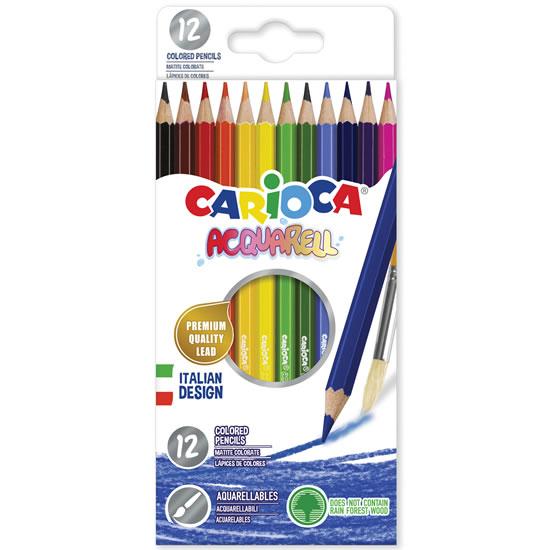 Carioca Acquarell Pack de 12 Lapices Acuarelables - Caja de Metal - Efecto Acuarela con Agua y Pincel - Colores Intensos y Brillantes - Escritura Blanda - Mina de Ø 3.3mm - Color Varios