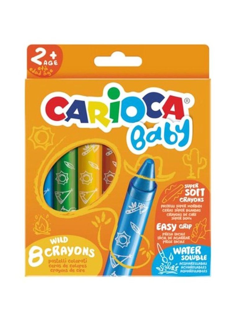 Carioca Pack de 8 Ceras Baby 2+ - Super Suaves - Gran Dimension para Facil Agarre - Escritura Suave - Colores Brillantes y Lavables - Acuarelables con Agua y Pincel - Color Varios