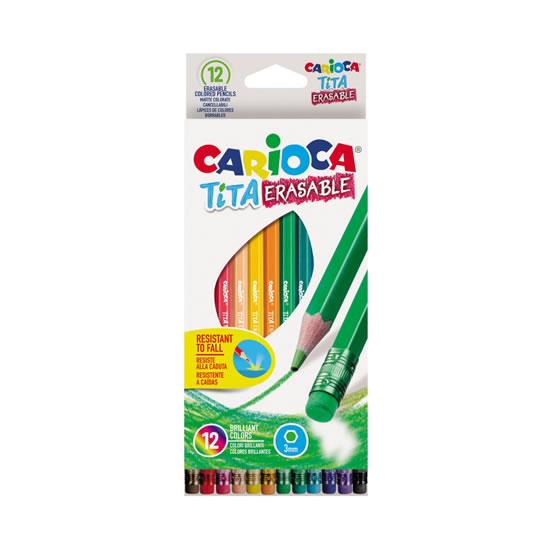 Carioca Tita Pack de 12 Lapices Borrables de Resina - Cuerpo Hexagonal - Colores Brillantes y Lavables - Escritura Blanda - Mina Ø 3mm - Color Varios