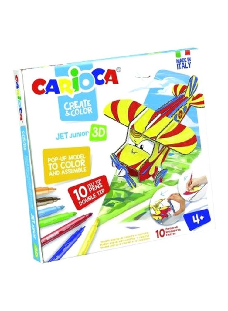 Carioca Pop-Up Jet Junior Modelos para Colorear y Construir + 10 Rotuladores Doble Punta Colores Surtidos - Aventura con Nuevos Compañeros de Viaje