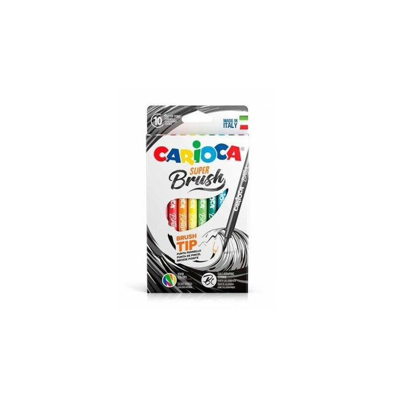 Carioca Super Brush Pack de 10 Rotuladores - Punta Pincel Suave y Flexible - Tinta Lavable - Colores Super Brillantes - Perfecto para Caligrafia y Lettering - Color Varios